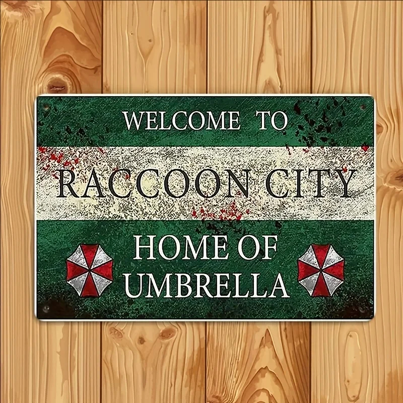 PainirongVintage Welcome to Raccoon City Metal Sign -  Vintage Wall Decor with Umbrella Corporation Logo, Rustic Iron Home & Off