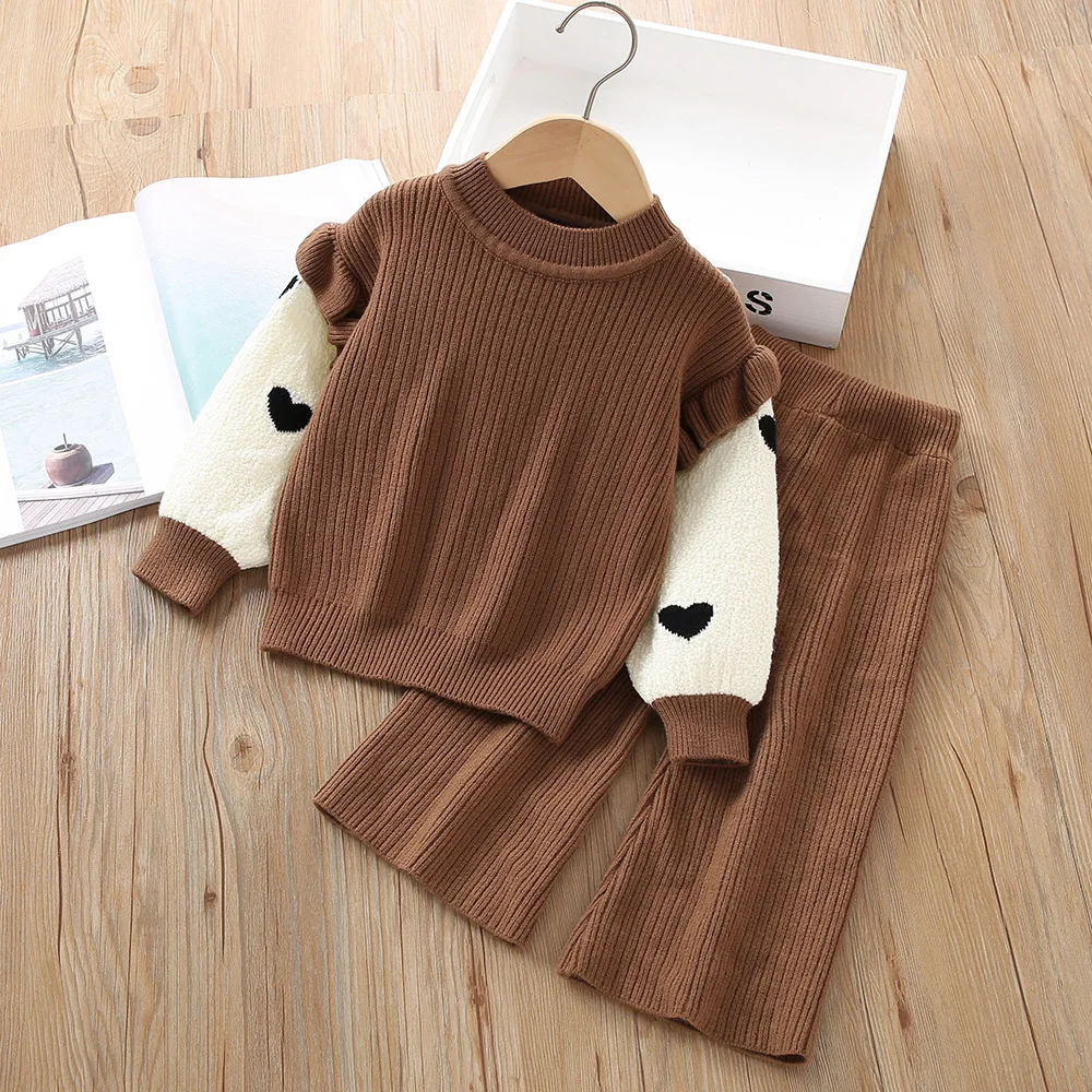 Spring Autumn 1-6Y Girls 2PCS Clothes Set Spliced Heart Embroidery Kids Girls Fake Two Sweater Knitted Girls Wide Leg Pants Suit