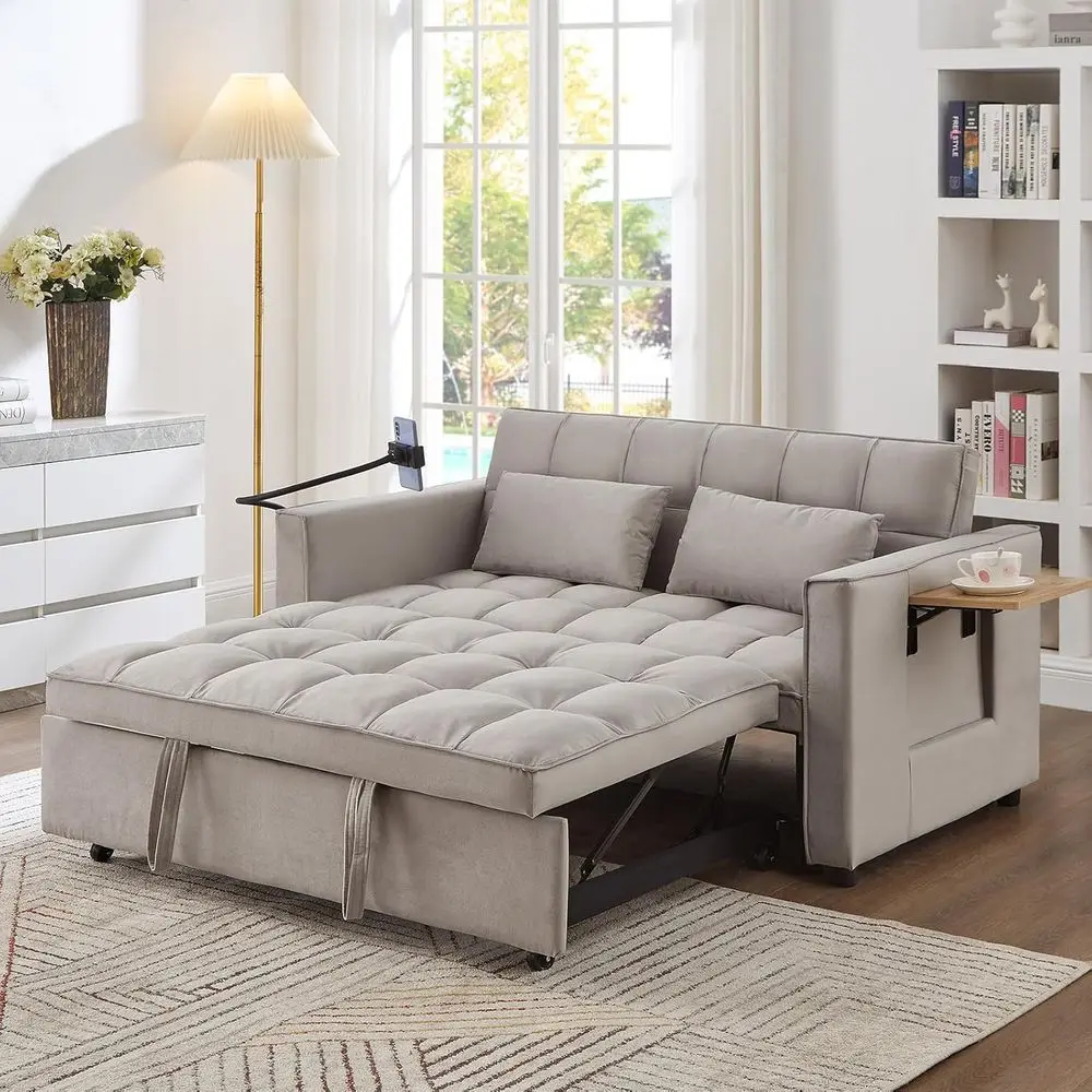 

Grey Velvet Convertible Sleeper Sofa Bed with Pull-Out Couch, USB Ports, Foldable Tables, Adjustable Backrest for Small Living o