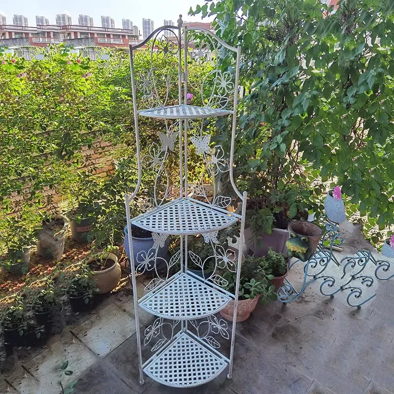 for Wrought Iron Triangular Multi-layer Flower Stand Floor-standing Storage Pot Elevated Indoor Outdoor Balcony Foldable Rack
