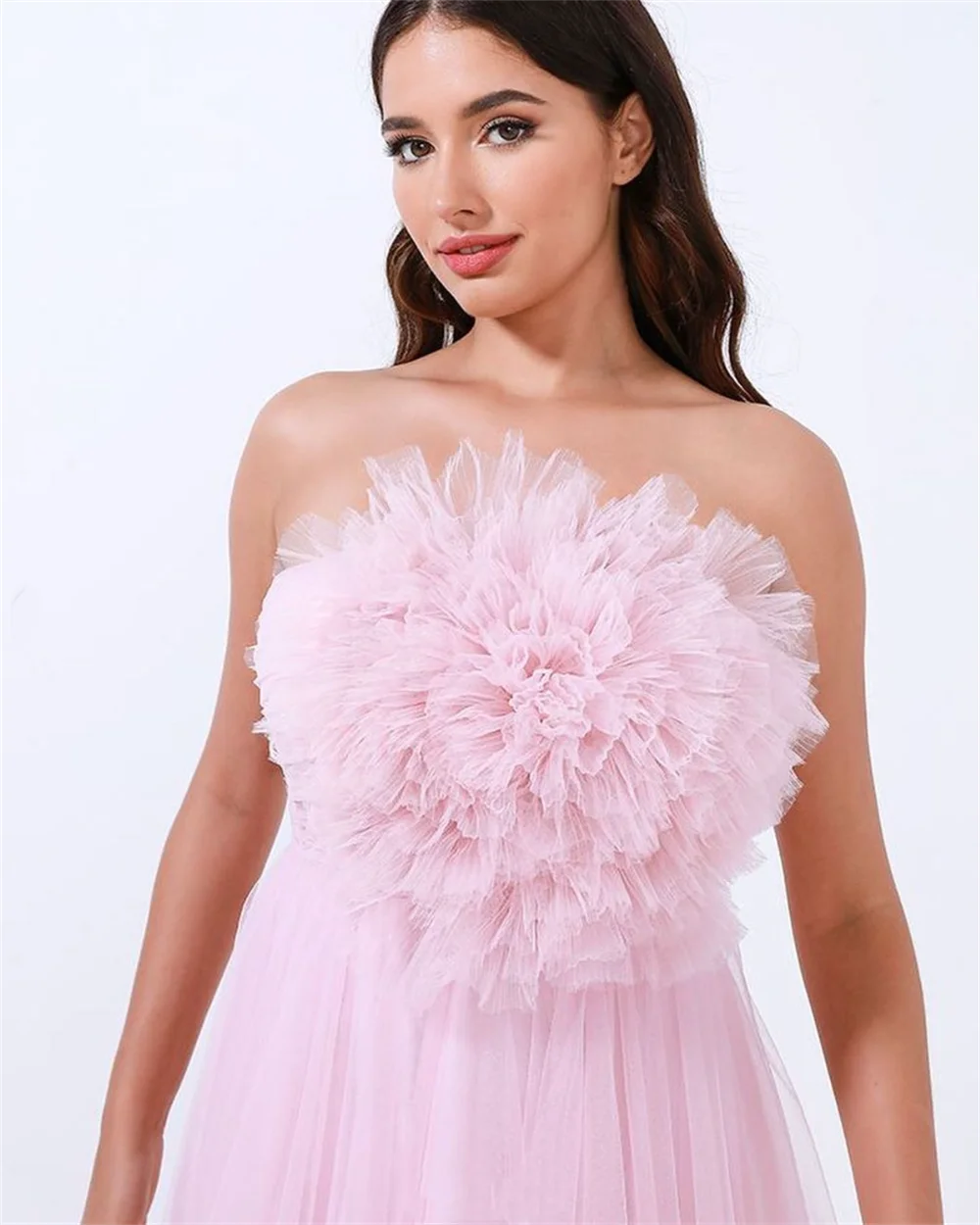 Jessica Pink Fairy Prom Dresses Handmade Tulle Flowers EveningDresses Wedding Dress Formal Party Dresses Robes De Soirée