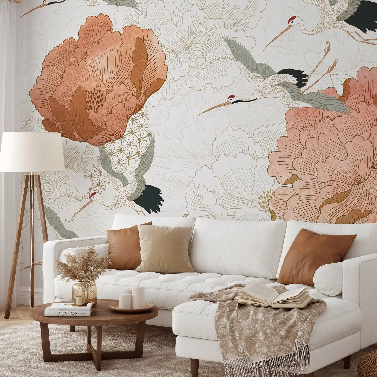 Crane Birds With Peony Flower Wall Mural,Japanese Watercolor Floral Wallpaper For Room Decoration, Regular Un-paste , Pvc Free