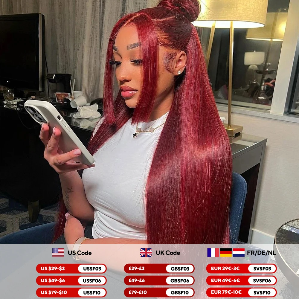 99J Burgundy 13X6 Lace Front Wig Human Hair 30 Inch 13X4 Straight Red Colored Lace Frontal Human Hair Wigs for Women HD Lace Wig