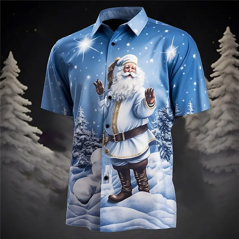 2025 Christmas Santa Claus Men's Shirt Short Sleeved Casual Shirt Breathable Fashion New Year Hawaiian Shirt Man Top