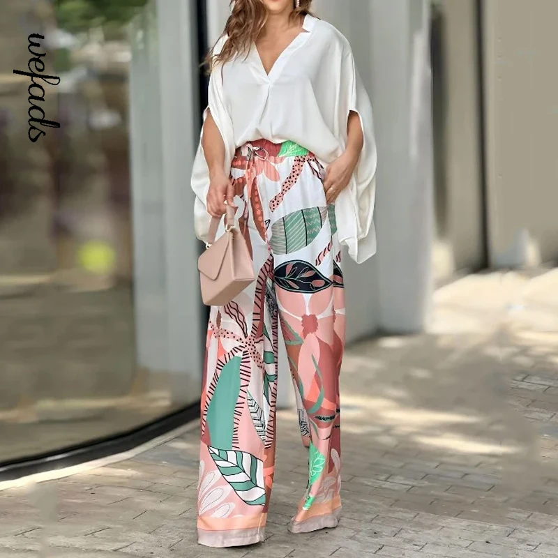 Wefads Two Piece Set Summer Casual Solid V Neck Batwing Sleeve Loose Top Wide Legs Printed Stretch Waist Pants Sets Streetwear