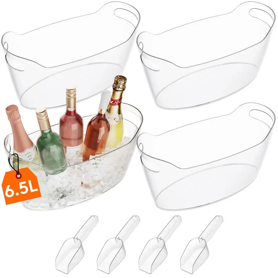 

Large 6.5L Ice Bucket for Parties 4 Pcs in 1 Package, Portable Drink Bucket for Cocktail Bar, Plastic Champagne Cooler for Bever