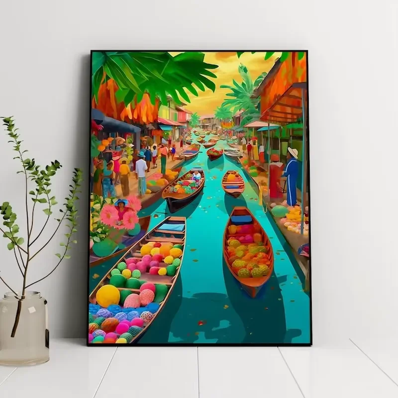 Custom Thai Colorful Art Decor Painting Floating Markets in Thailand Colorful Decor Painting Art Bangkok Travel Wall Painting