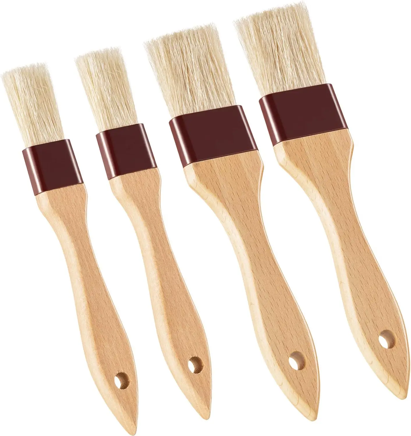

4pc natural bristle pastry brushes, beech wood handle, 1" & 1.5", for basting, BBQ, baking, marinade