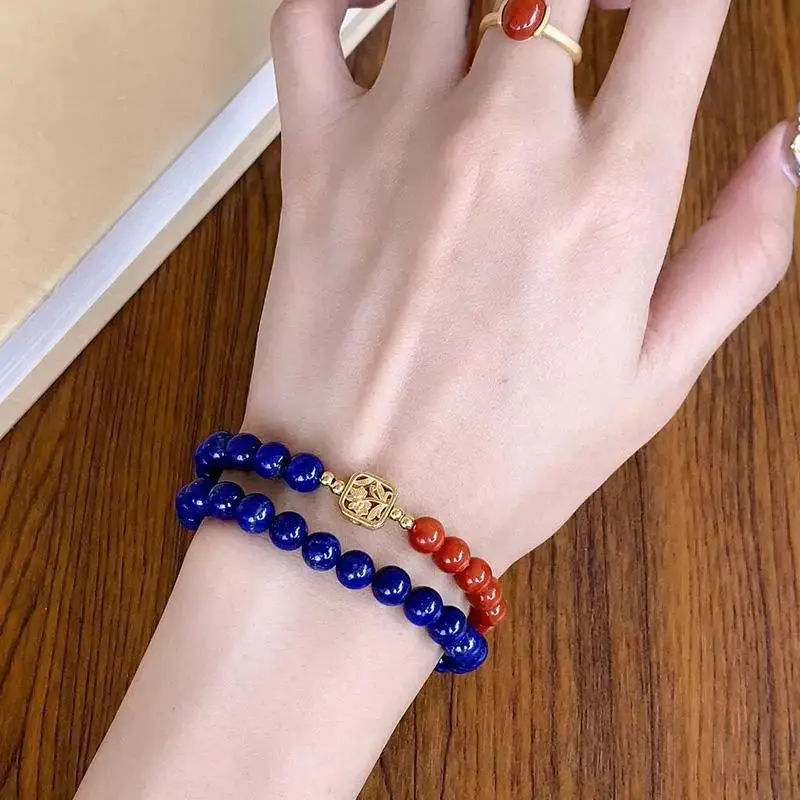 

Authentic New Chinese Dual Loop Red Agate Lapis Lazuli Handmade Beaded Bracelet Women Artisan Jewelry Elegant Classic TrendyGift