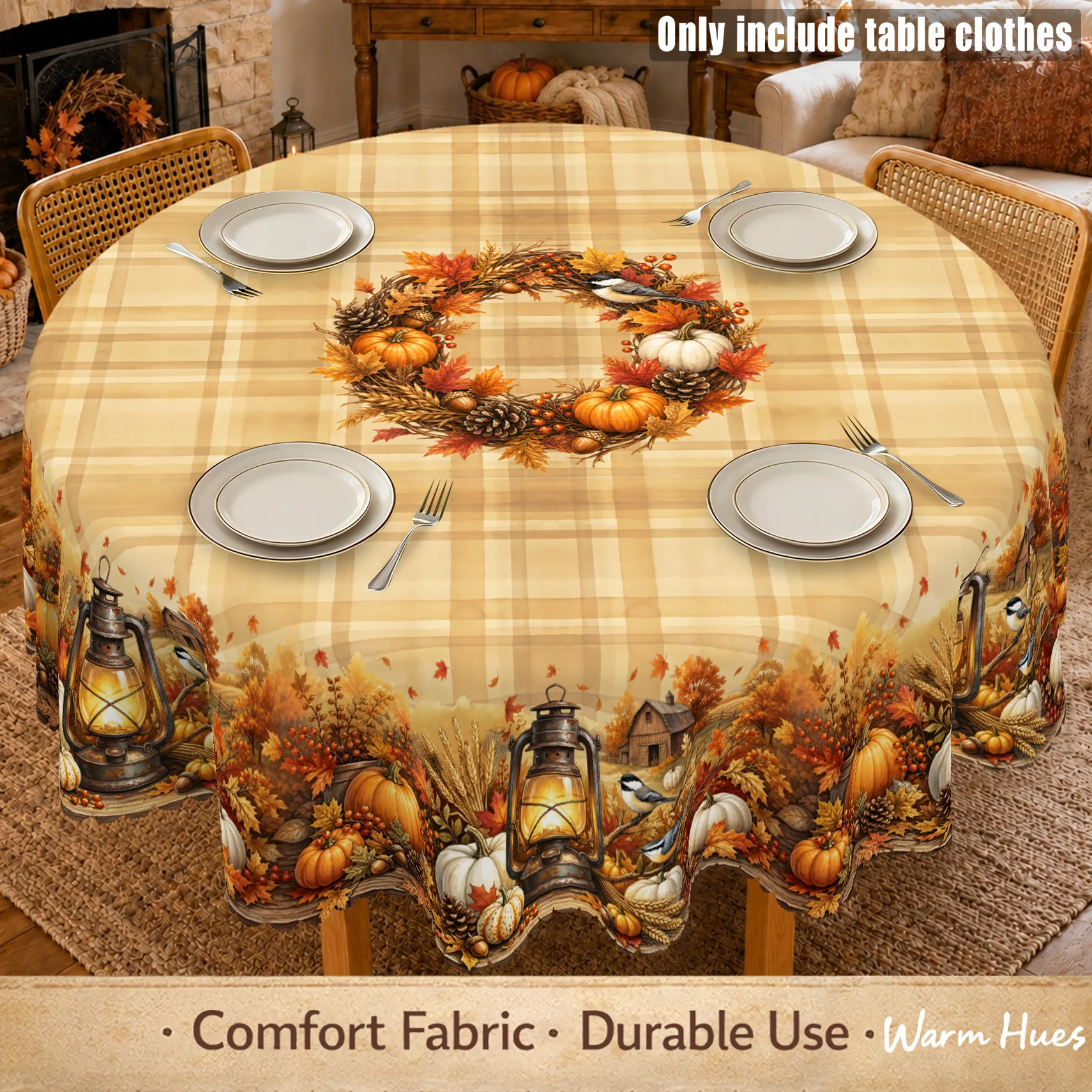 1pc, Vintage Fall Harvest Tablecloth, Pumpkin Maple Leaf Lantern Pinecone Bird Print, Buffalo Plaid, Thanksgiving Autumn Farmhouse Kitchen Dining Decor, Rustic Holiday Home Decor, Indoor Outdoor Family Dinner Party, Great Gift, 7 Sizes Available