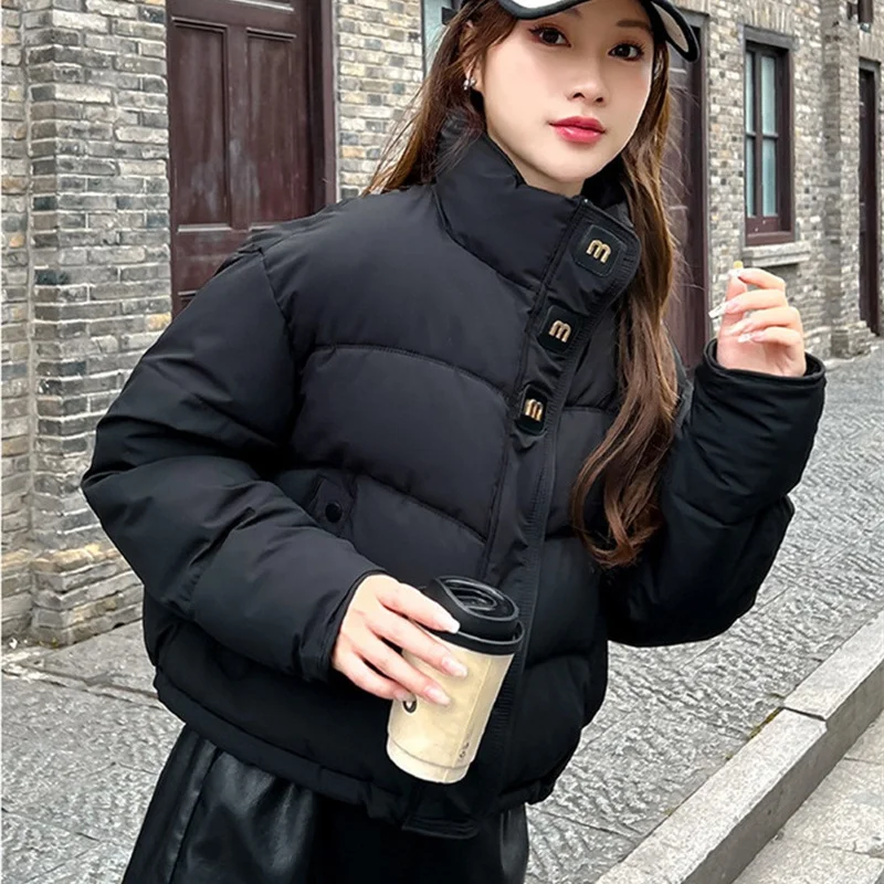 

2025 Streetwear Winter Short Parkas Women's Down Cotton-padded Jackets Stand-up Collar Loose Coats Students Thick Warm Outerwear