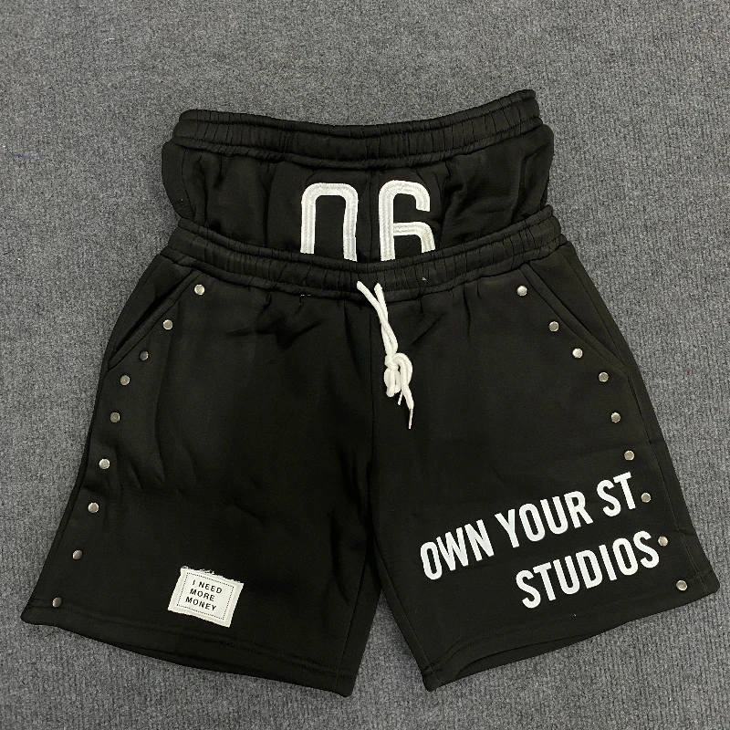 Double waisted design high waisted shorts with digital embroidery and drawstring, hip-hop street style pants for men