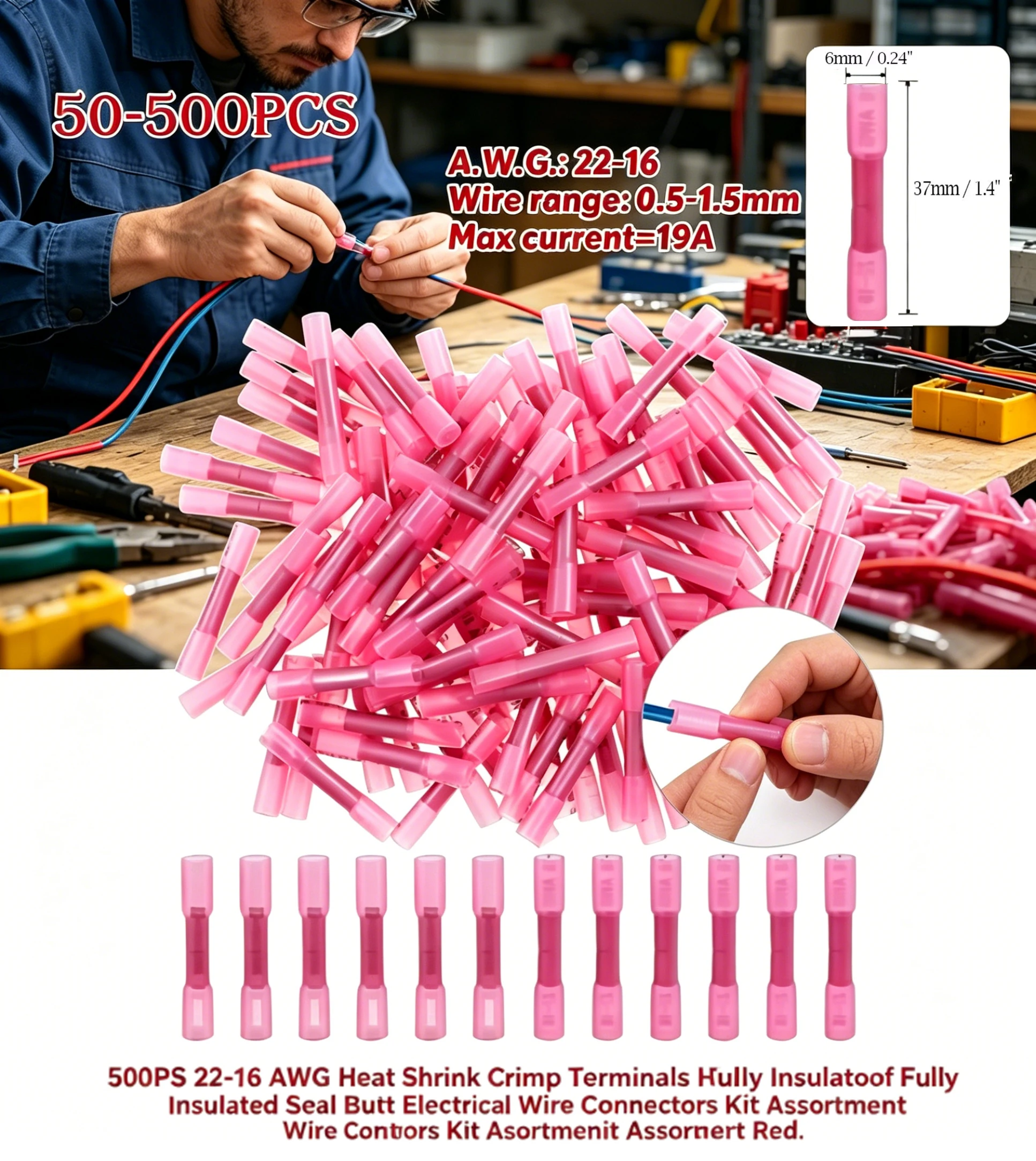 

22-16 AWG Heat Shrink Crimp Terminals 500PCS Waterproof Fully Insulated Seal Butt Electrical Wire Connectors Kit Assortment Red