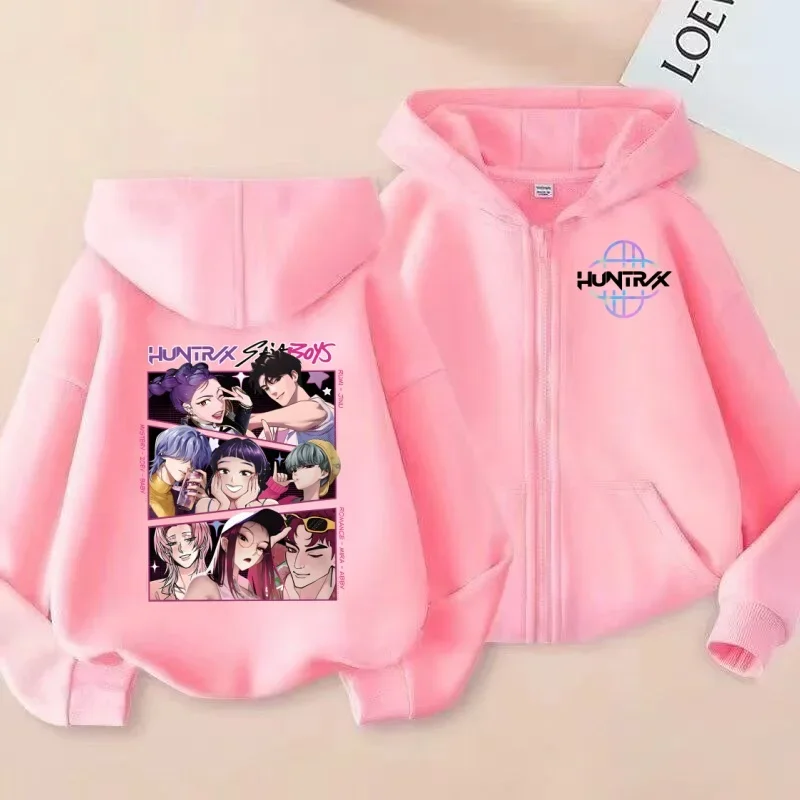 سترة بسحاب مطبوع على طراز HUNTRX الكوري، سترة صوفية بغطاء للرأس على طراز فتاة حلوة ورائعة