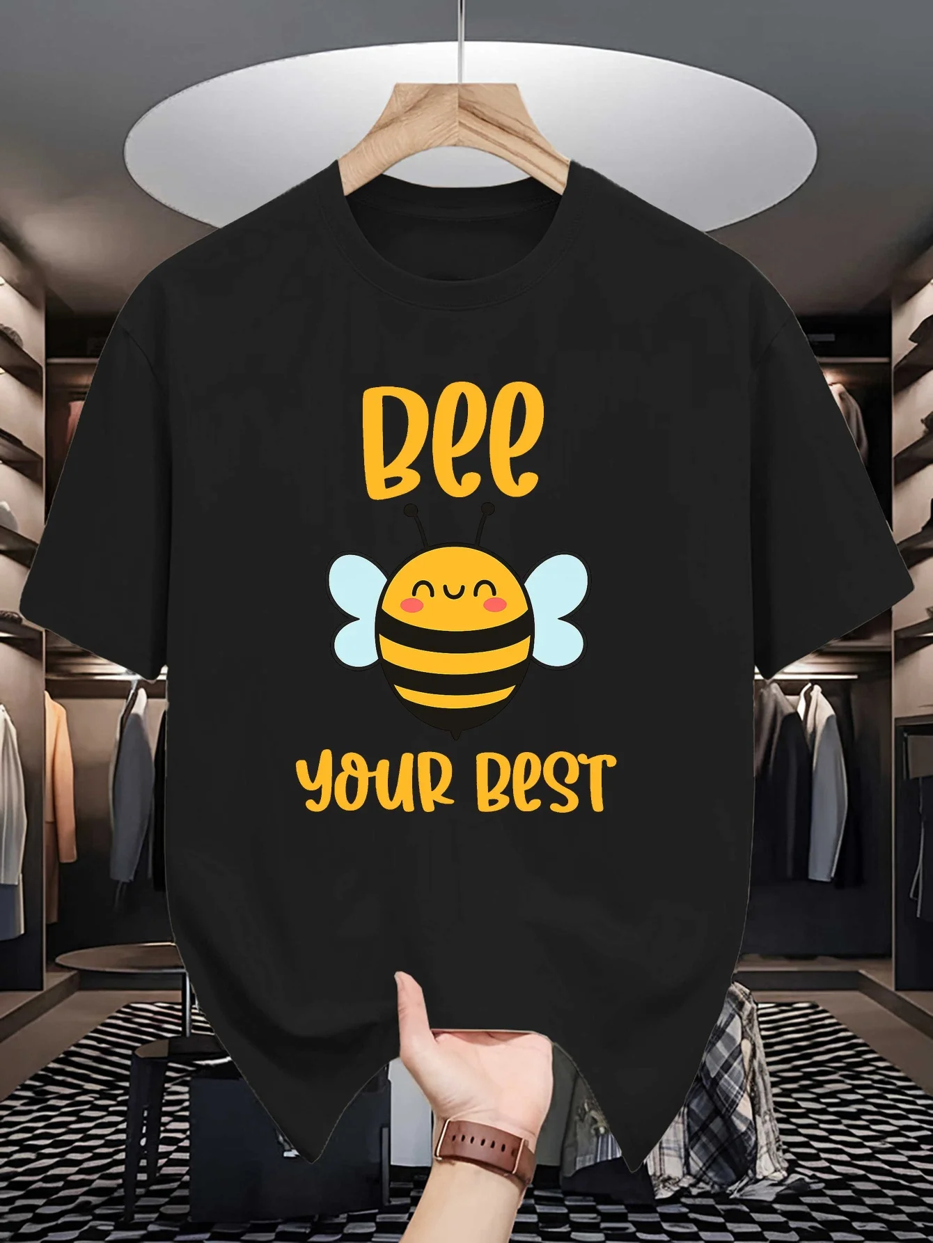 Men Cotton Crew Neck Tee Cute Bee Your Best Cartoon Bug Graphic Short Sleeve T Shirt Positive Slogan Daily Casual Basic Fit