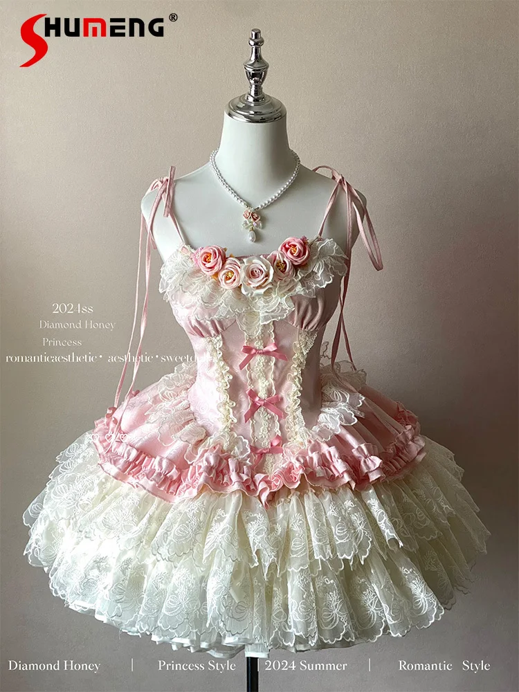 

Pink Lolita Suspender Dress Jsk Womens Elegant Romantic Fairy Princess Dress Lady High Waist Slim Lace Splicing Mini Dresses