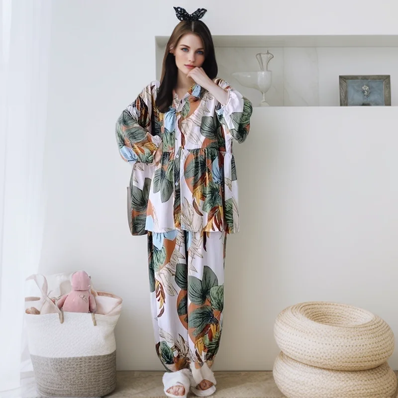 Plus Size 5XL 150kg Women's Pajamas Sets for Women 2 pieces Floral Sleepwear Long Sleeve Women's Home Clothes Suit