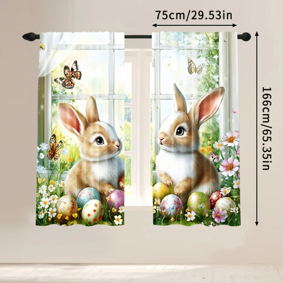 2PCS Digital Print Curtains, Bunny by Window Pattern, Cute Cozy Rabbit Decor Sweet Home Scene Adorable Animal Living Room Drapes