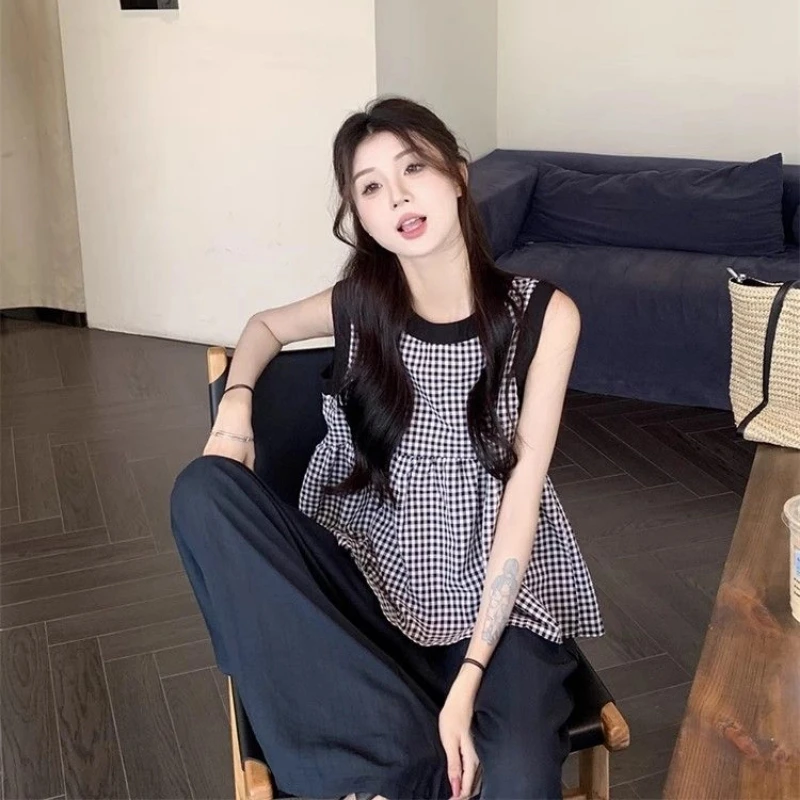 Sleeveless Plaid Loose Korean Blouse Summer New Sweet O-neck All-match Contrast Trend Shirt Tops Fashion Vintage Women Clothing