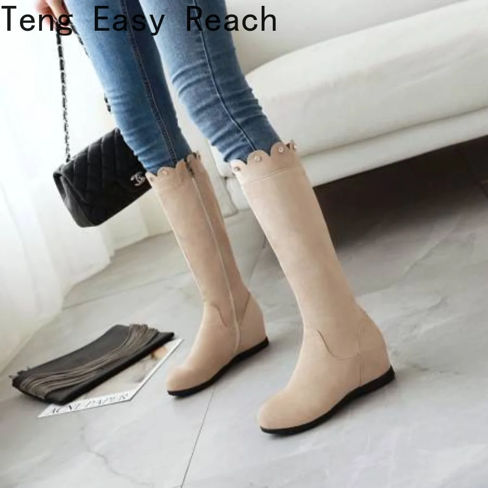 

Fashion Knee Length Women Boots New High Quality Flock Suede Leather Wedges Long Snow Boots Big Size 33-43