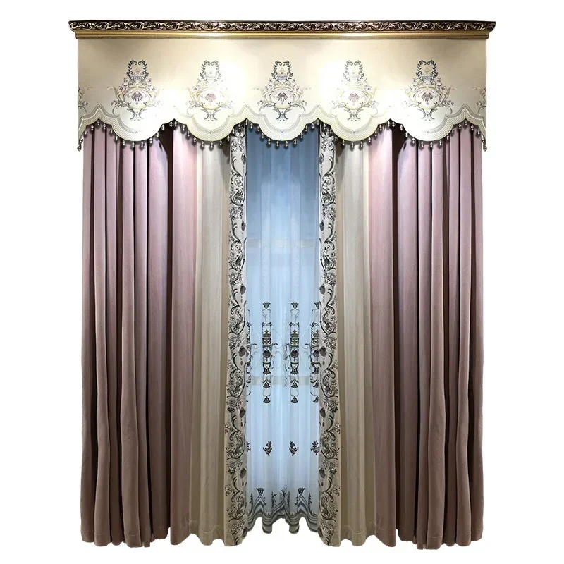

French embroidered curtains, warm bedroom blackout, romantic pink, high-end curtain head