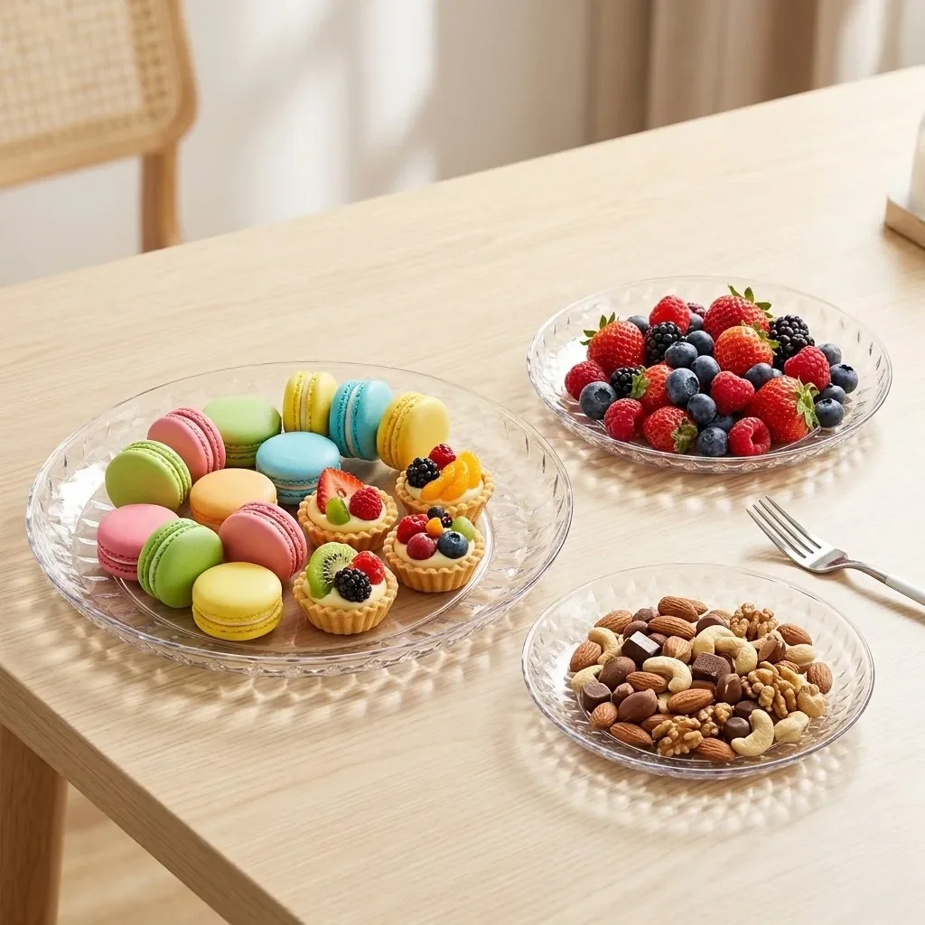 Reusable Clear PET Plastic Plates Dessert Fruit Food Plate Serving Dishes Appetizer Snack Platter Kitchen Dinnerware Tableware