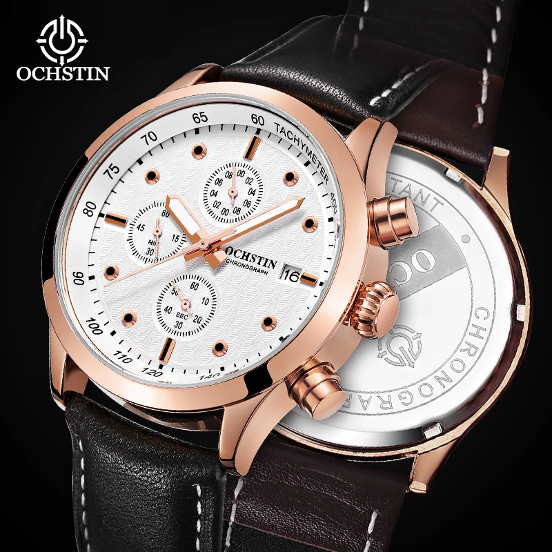 OCHSTIN Men's Pilot Multifunctional Quartz Watch Balanced Alloy Case Slim Shell Soft skin-friendly Genuine leather Clock