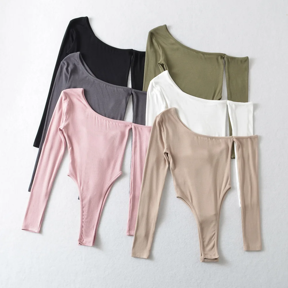 Women One Shoulder Long Sleeve Black Khaki Grey Pink Army Green Bodysuit Top Bodycon Jumpsuit