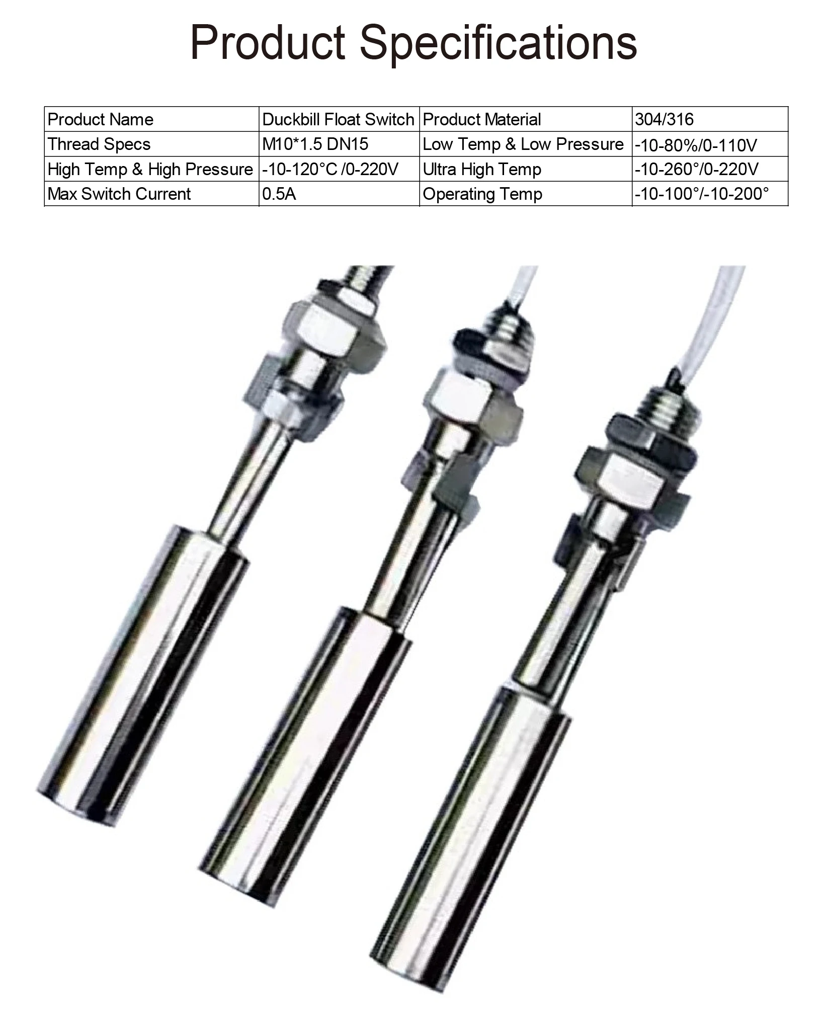 Duckbill Type Liquid Level Float Switch, Controller Stainless Steel Small Float Water Level Sensor