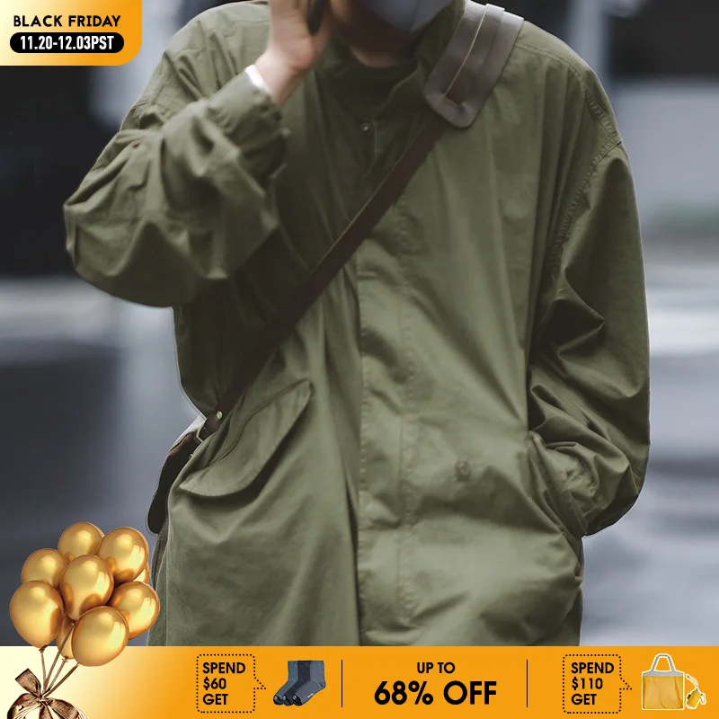 

Maden Men's Vintage M51 Fishtail Green And Camel Trench Coat Woven Waist Rope Mid-length Oversized Loose Coat for Men