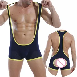 Mens Undershirts Mesh Backless Bodysuit Wrestling Singlet Leotard Male See Through One-Piece Jumpsuit Sexy Jockstrap Underwear