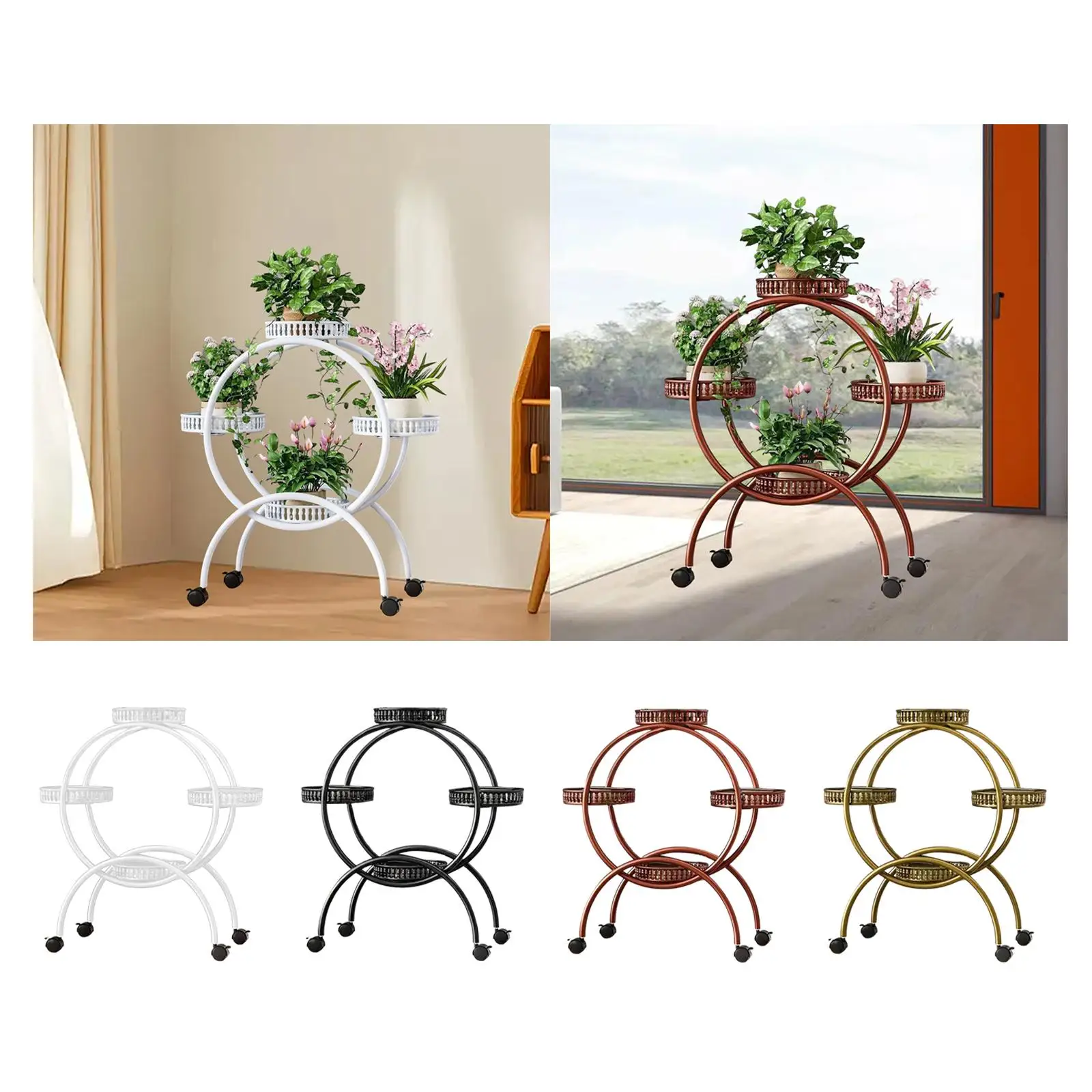 

Flower Pot Stand with Movable Wheels Multi Layers Heavy Duty Versatile Decoration for Patio Living Room Outdoor Garden Patio