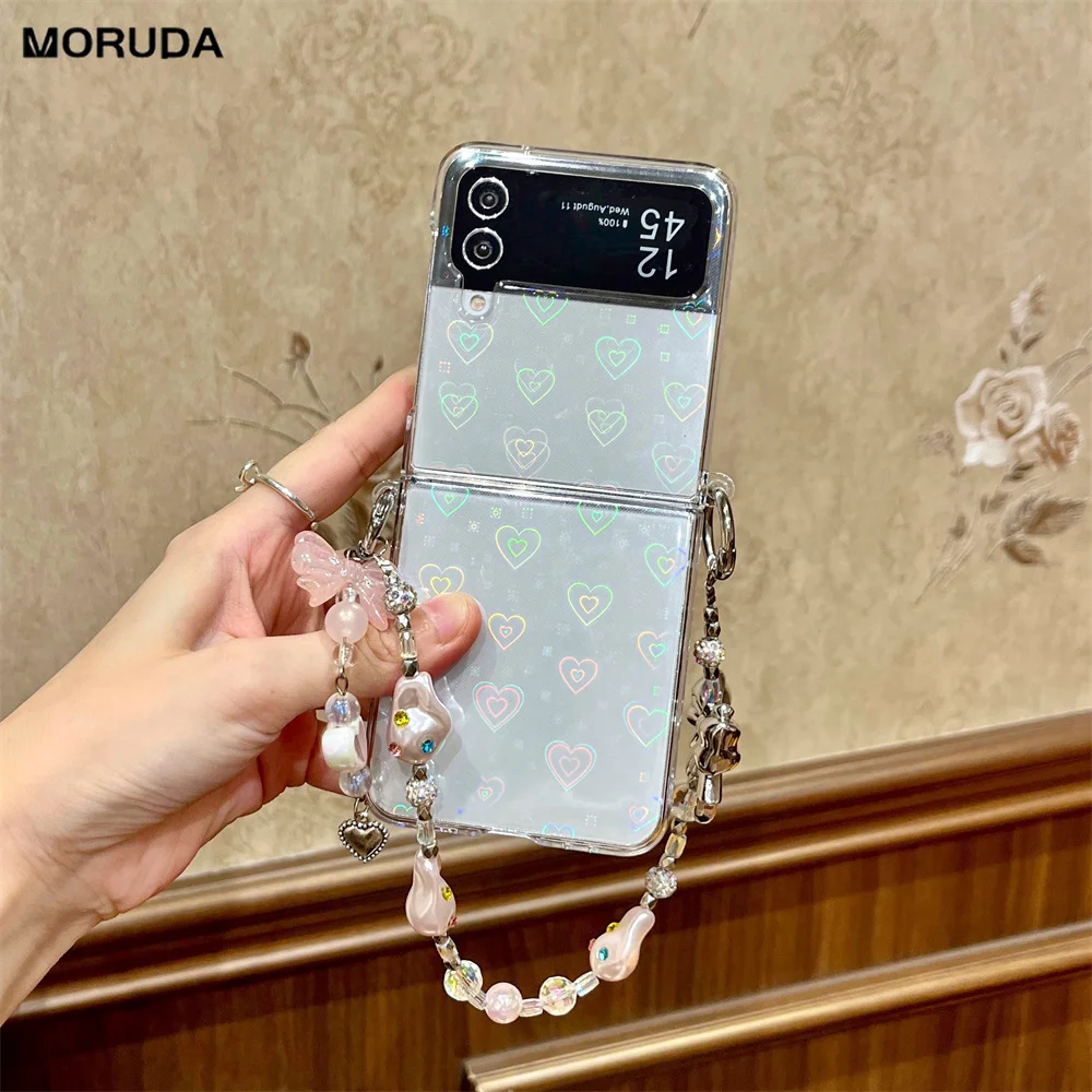 Transparent Laser Heart Case For Samsung Z Flip 6 z flip 5 4 3 Hand Chain Cover For Galaxy Z Flip 5 flip4 Shockroof Thin Shell