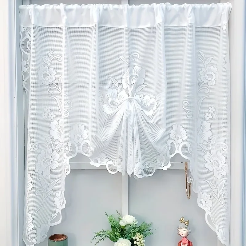 1PC Stylish Lace Curtain, Floral Pattern Design, Blocks Sun & Ensures Privacy, Adjustable & Foldable for Easy Storage Rod Pocket