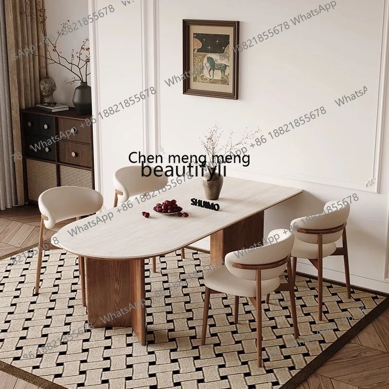 Slate Travertine French Dining Table Home Light Luxury Cream Semi-Circular Rectangular Dining Table Living Room