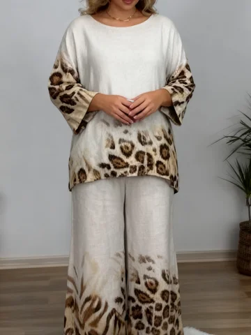 Two-piece set for plus-size women, leopard print gradient patchwork, loose and casual long pants set