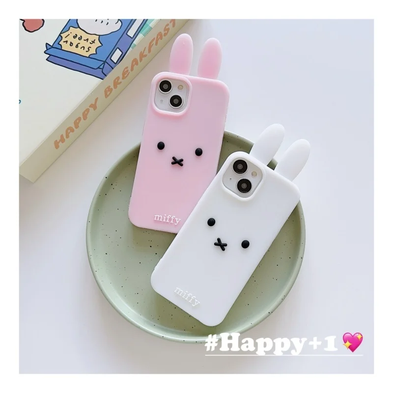 Luksusowe, urocze, różowo-białe silikonowe etui na telefon z Miffy dla iPhone 12 13 14 15 16 17 Pro Max, zabawne, kreskówkowe etui z Miffy z długimi uszami. — zdjęcie produktu 3