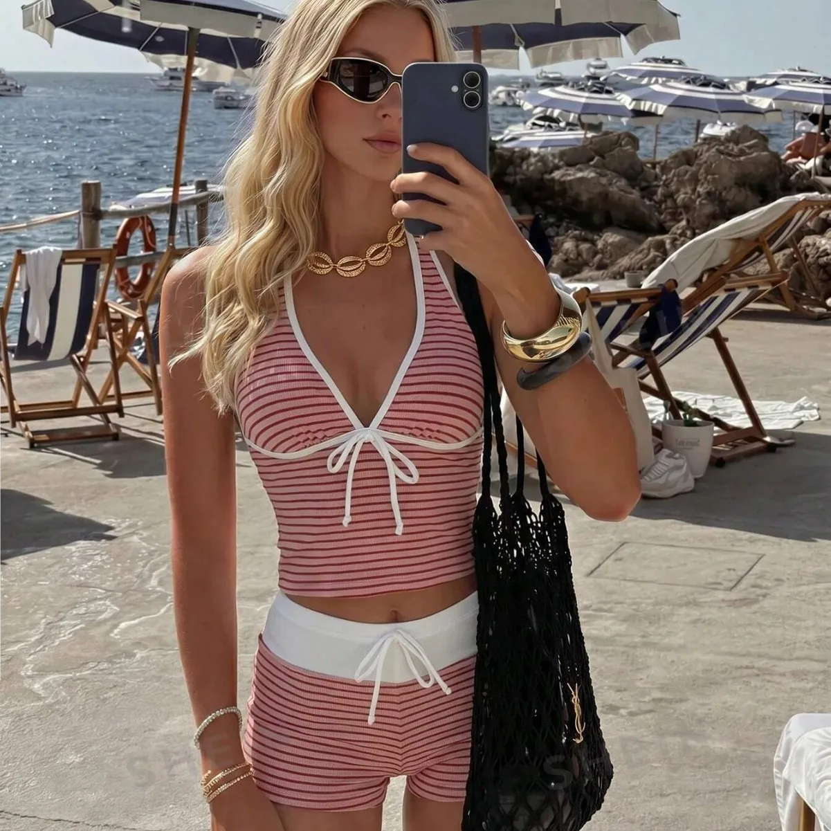 Women 2 Piece Tankini Bikinis Set Striped Halter V Neck Tie Front Tank Top Drawstring Waist Shorts Beach Bathing Suit Swimwear