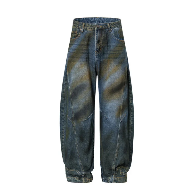 

Distressed Straight Jeans Men Denim Ankle Length Mid Waist Zipper Fly Washed High Street Pockets Loose Spliced 2025 Solid