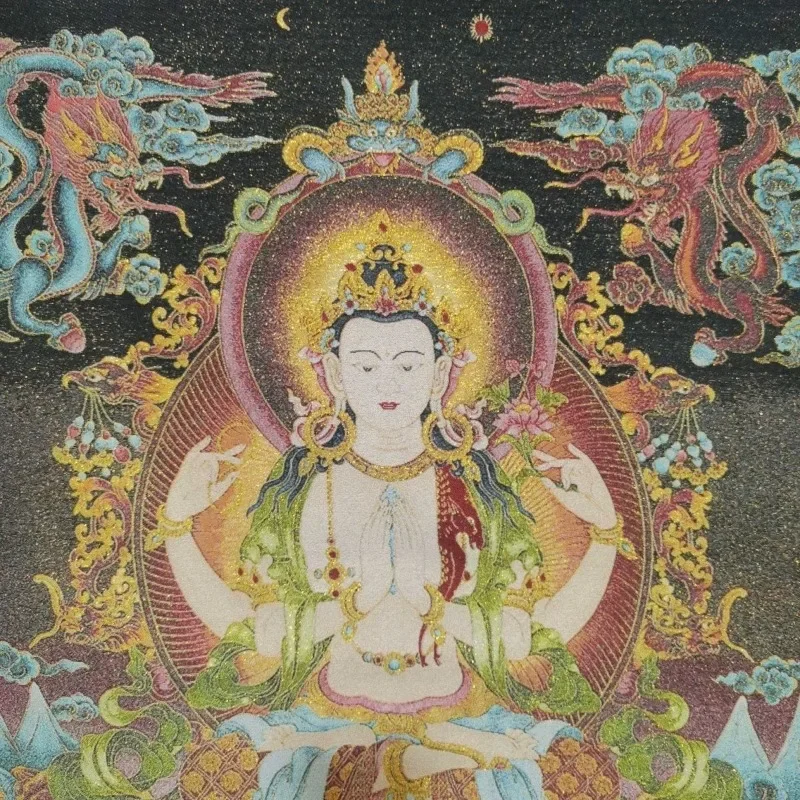 Tibetan Four-Arm Avalokiteshvara Brocade Embroidery Thangka Buddhist Meditation Buddhist Altar Paintings Religious Home Decor