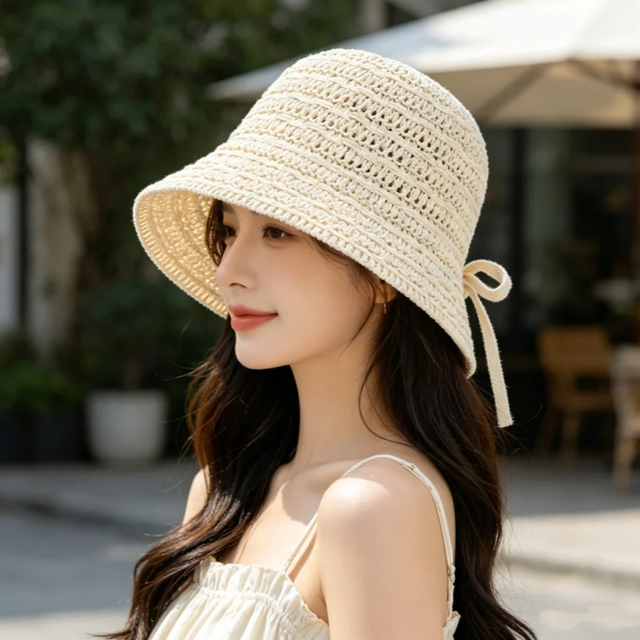 A Must-Have for Lazy People: a Gentle Style Fisherman's Hat! Hollow-Out Design for Breathability, Foldable + Bow Tie, Perfect for the Beach / Daily Wear / Outdoor Street Photography, Instantly Enhances the Ambiance