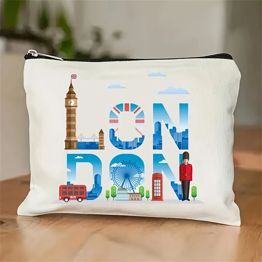 

1pc London-Themed Makeup Bag Compatible for Women - Iconic London Landmarks Print Cosmetic Organizer Travel Bag with Ben & Lond