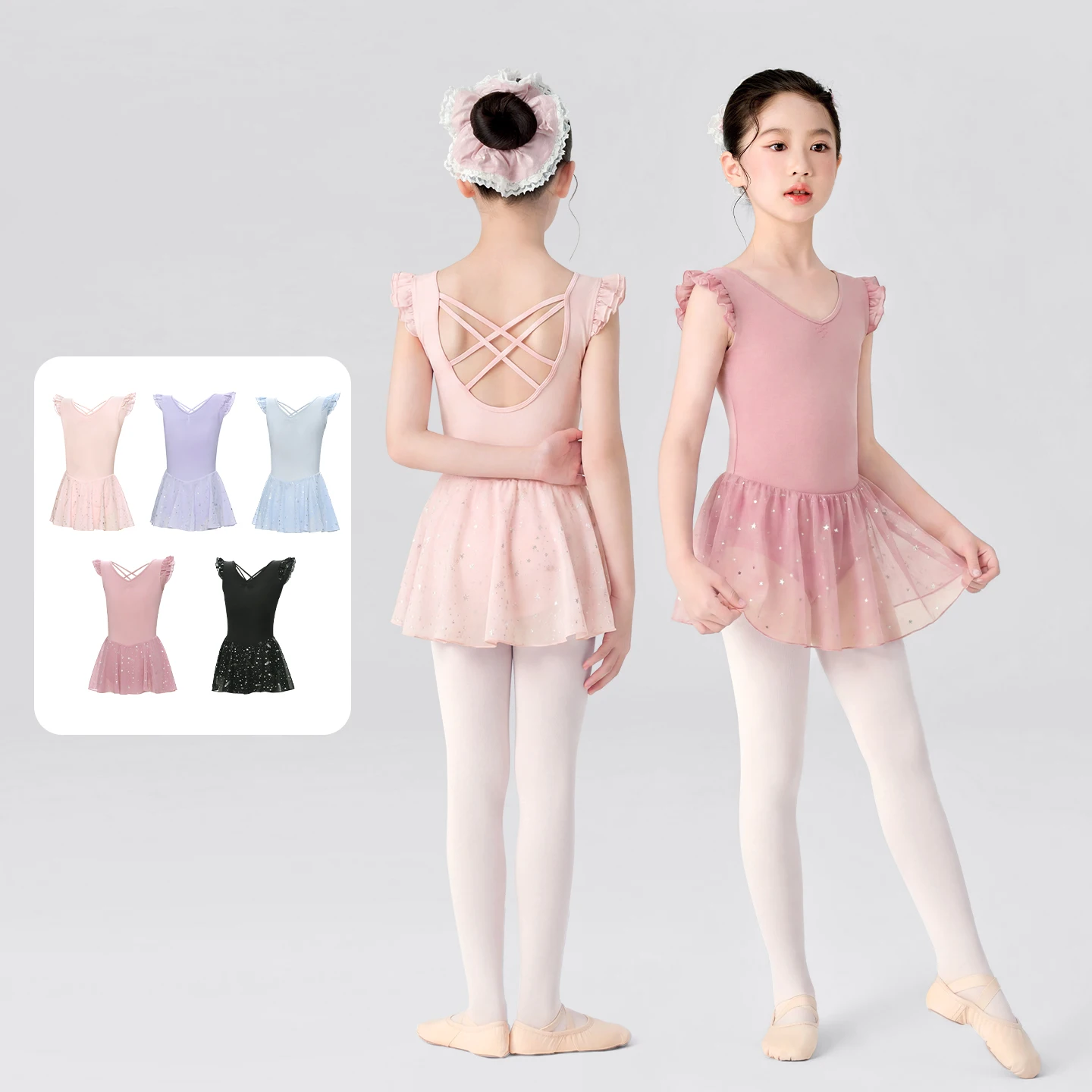 Robe de ballet pour filles, justaucorps de danse pour enfants avec tutu, manches volantées, body à entrejambe fermé, jupe en mousseline, robe de ballerine