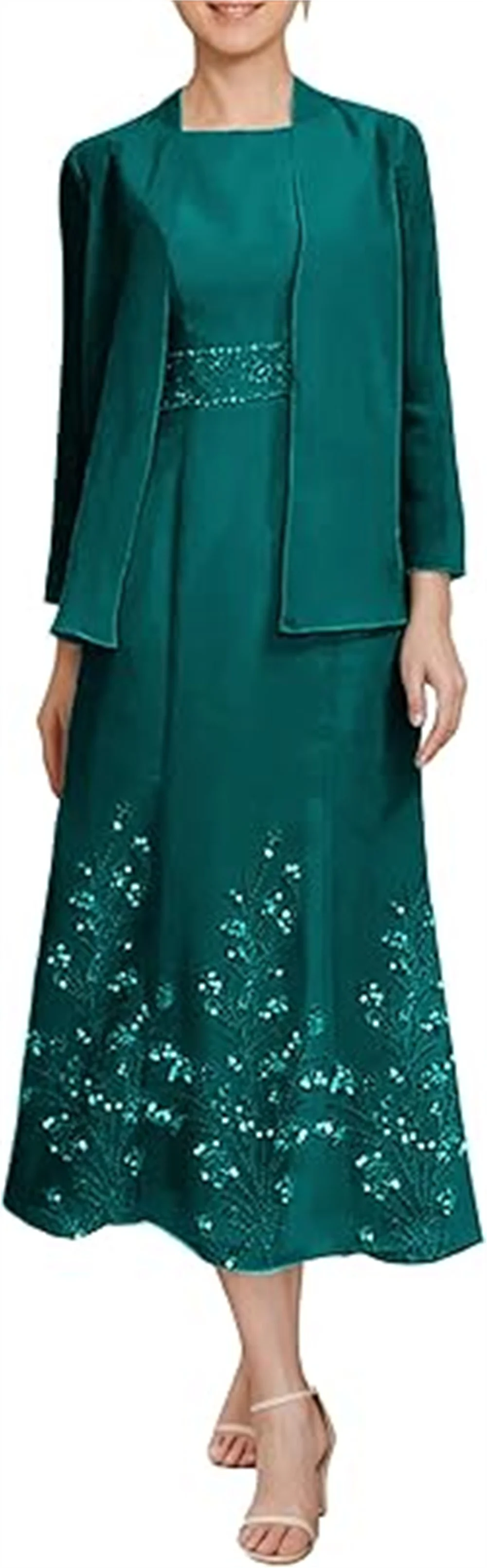 Vestidos personalizados para madre de la novia, 2 piezas, longitud del té, mangas largas, encajes de gasa, apliques, vestidos de noche formales con chaqueta