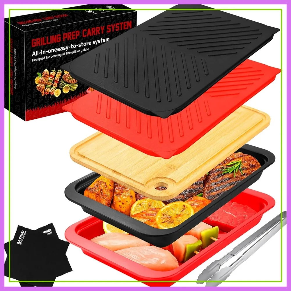 

Deep Grill Carry System with Lids, Cutting Board, Tong, BBQ Tray for Prepping, Marinating, Serving, Dishwasher Safe, Nesting Platters, Black/Red