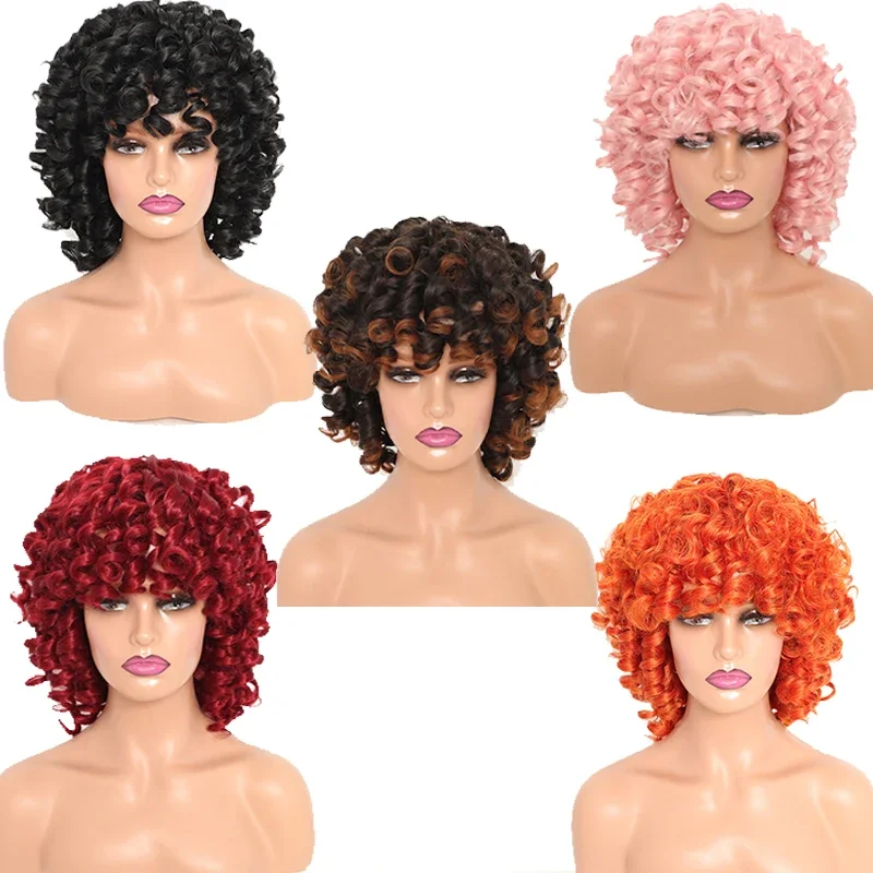 12inch Short Bouncy Loose Curly Wigs with Bangs for Women Black Fulffy Curly Bob Wig Natural Synthetic Fiber Kinky Curly Wigs