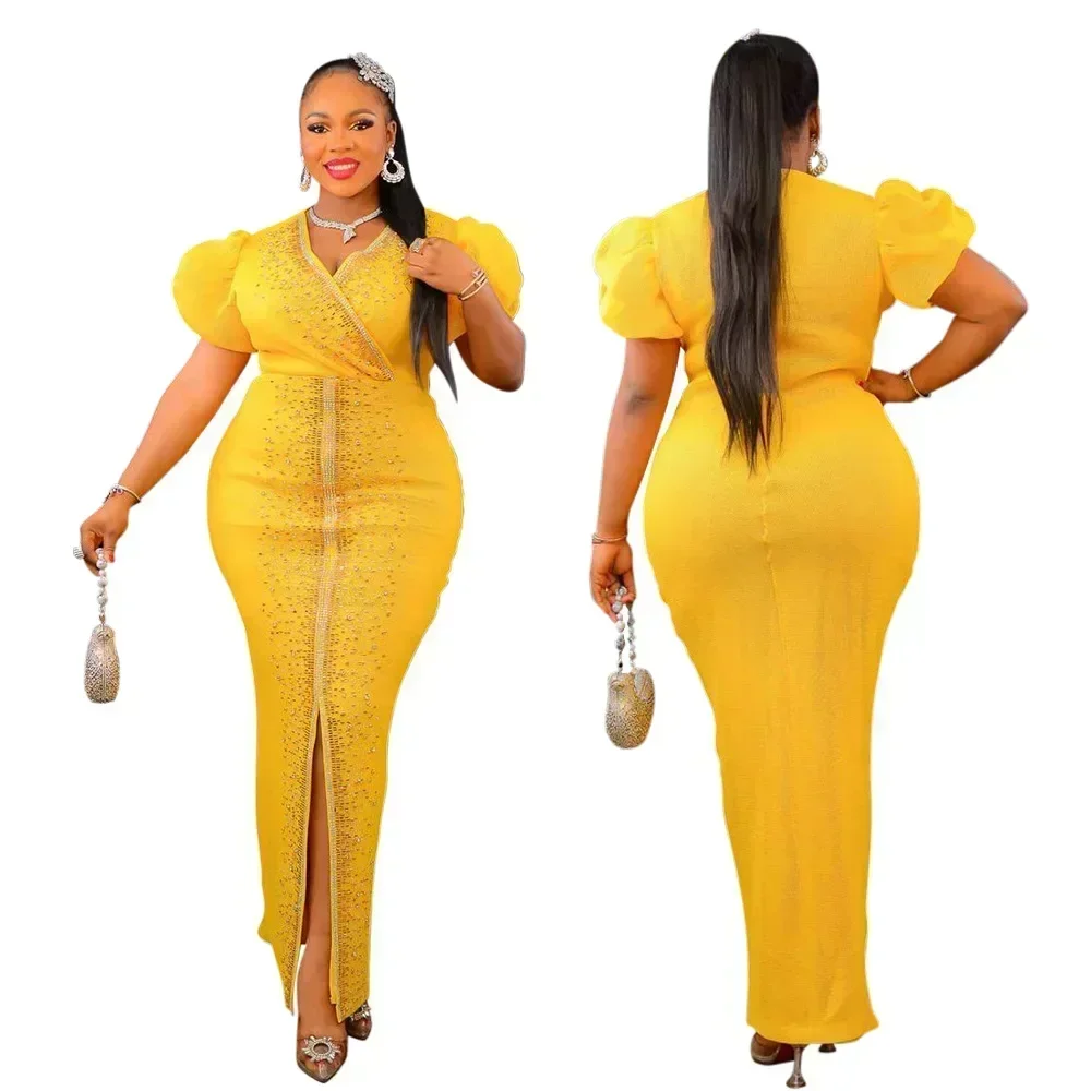 Womans African Dresses Summer Autumn African V-neck Short Sleeve Polyester Black Blue Red Yellow Long Dress Maxi Party Dress