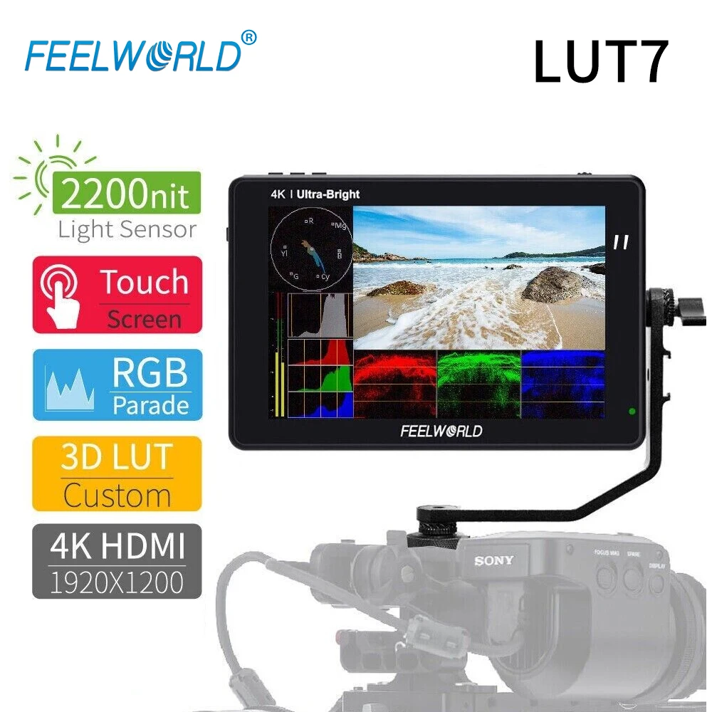 Feelworld-LUT7 Monitor de campo da câmera touch screen, 4K, HDMI, DSLR, 3D LUT, 2200nit, 7"