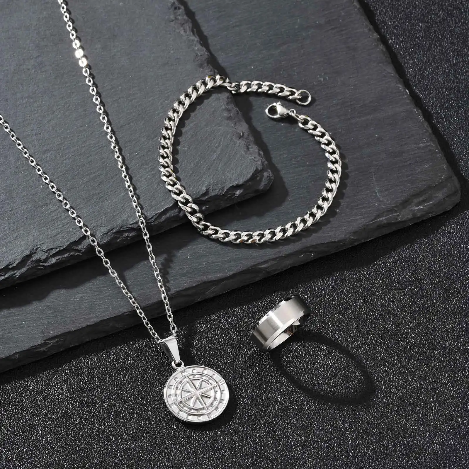 

Vnox Men's 3pcs/Set Stainless Steel Jewelry Set, Black Silver Gold Color Compass Necklace Link Bracelet Ring Set for Dad Husband