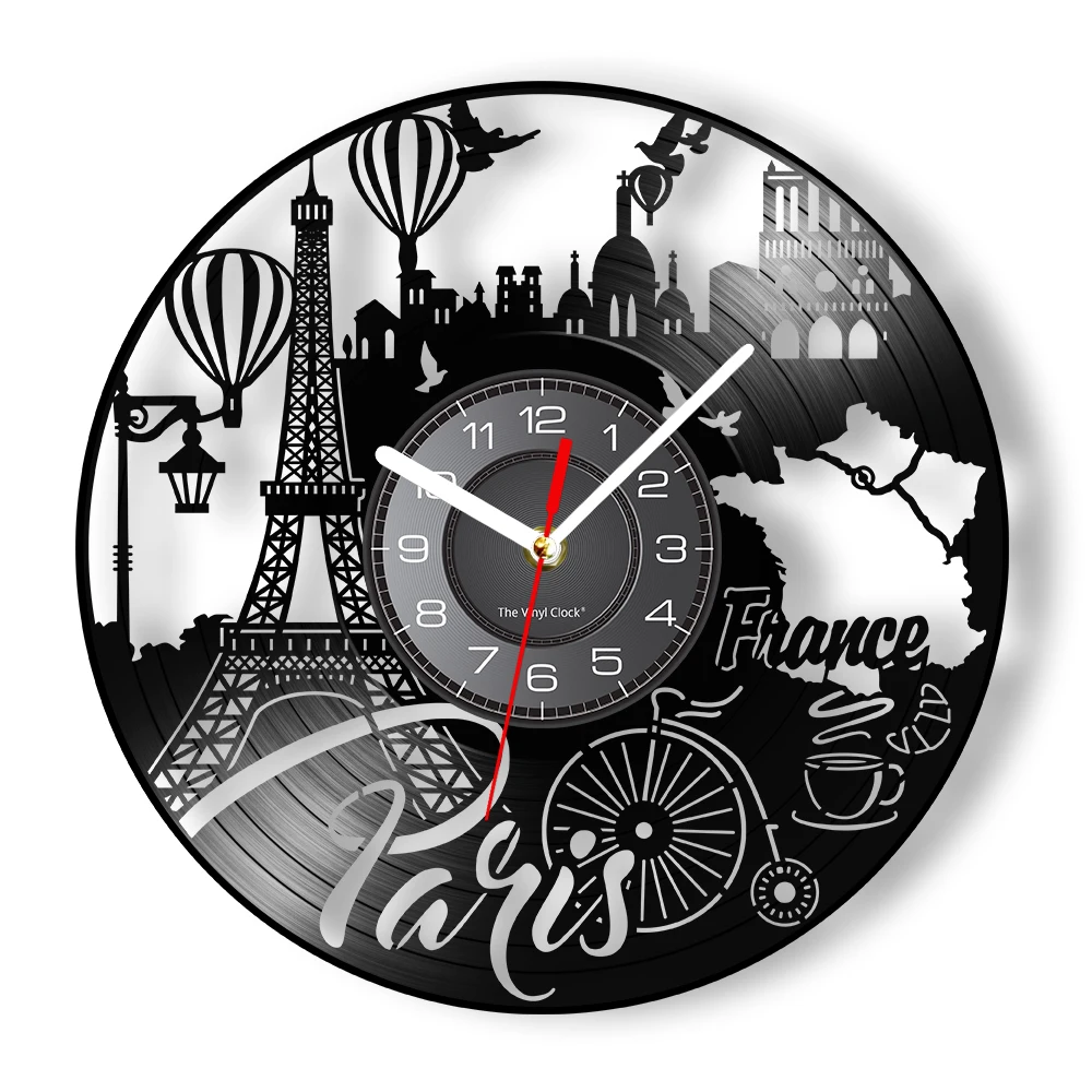 France Paris Album de disques en vinyle horloge murale silencieuse décor à la maison carte bâtiment ligne de ville symbole représentant découpé LP horloge murale